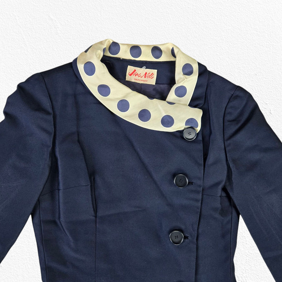 Vintage 1950s Navy Polka Dot Collar Asymmetrical Buttons Flare Dress Size Small - Picture 3 of 9